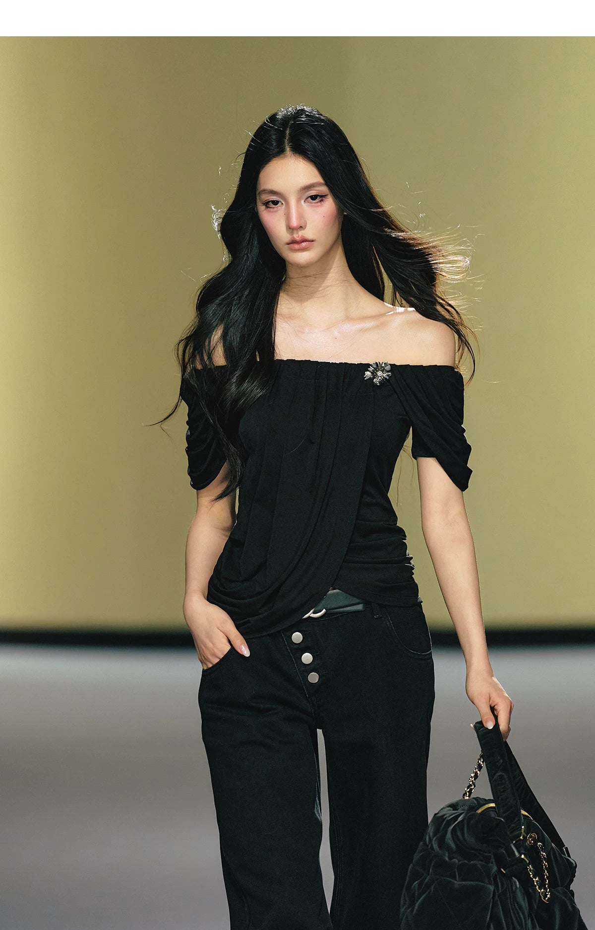 "Midnight Bloom" Black Lyocell Off-Shoulder Ruched Top