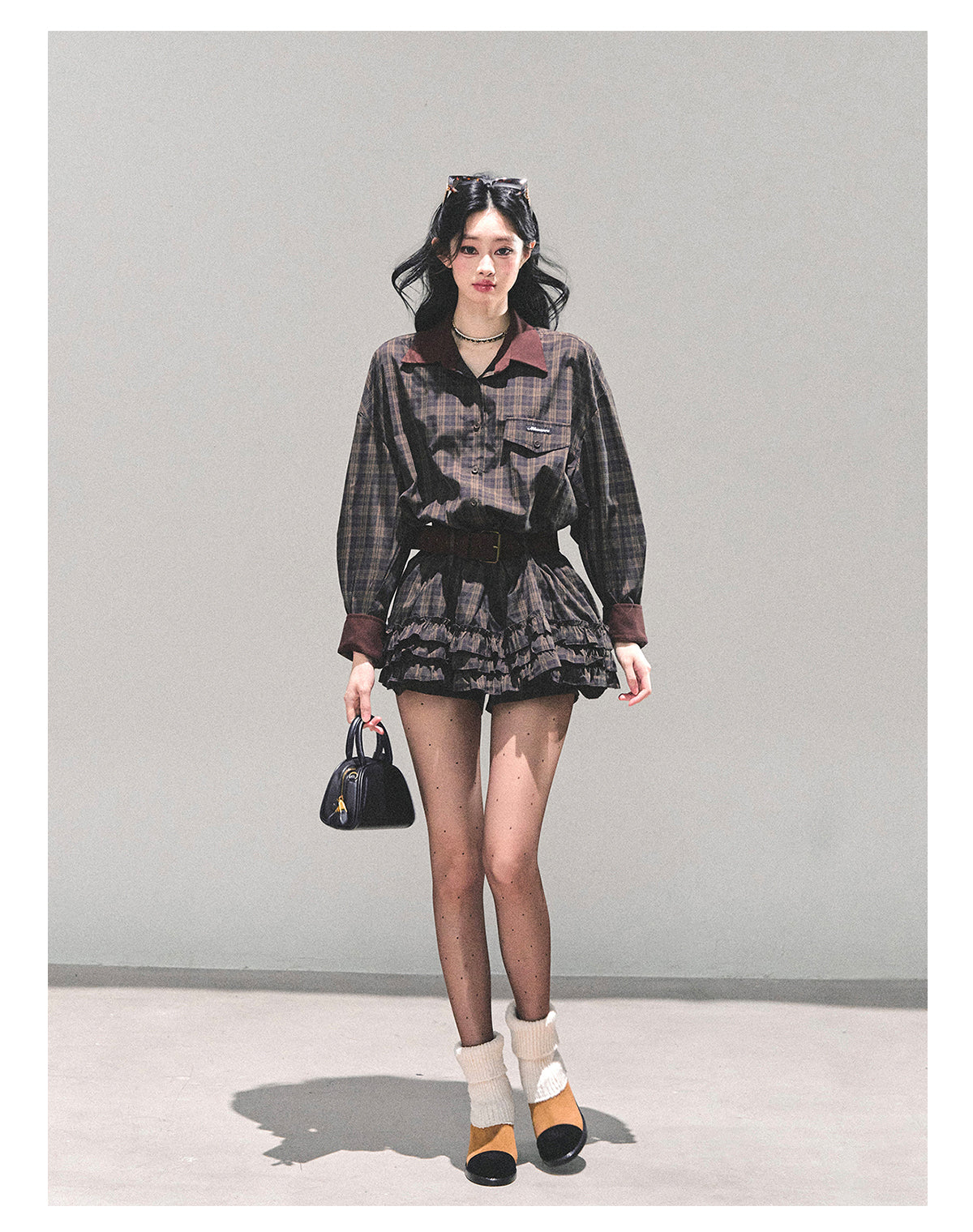 少也眼 “Trajectory of the Sunset” Plaid Polo Shirt Dress with Belt – Mocha Brown 7687648