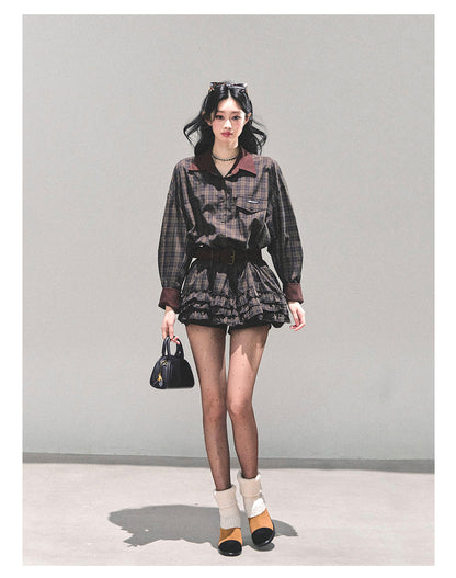 少也眼 “Trajectory of the Sunset” Plaid Polo Shirt Dress with Belt – Mocha Brown 7687648