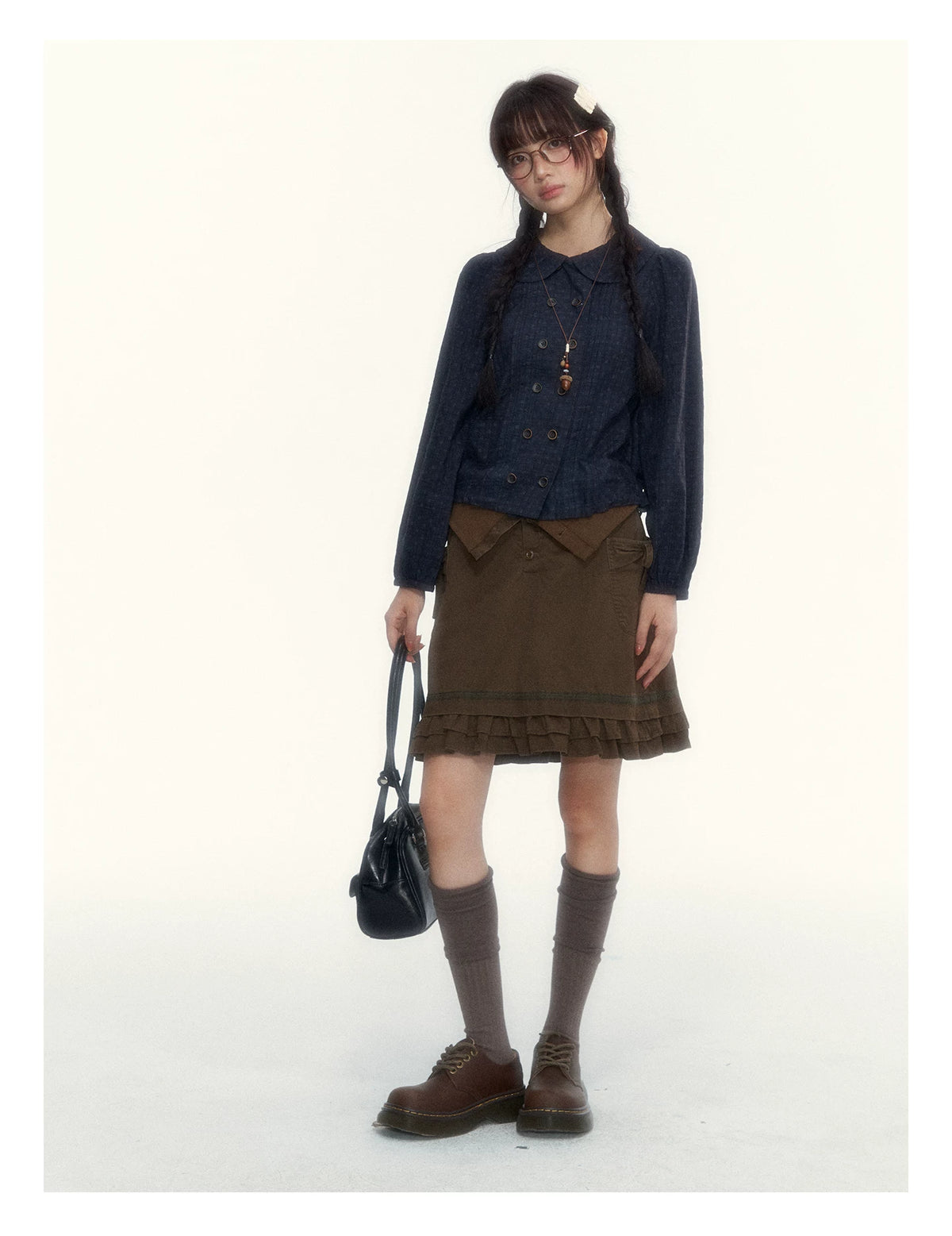 “Academy Melody” Navy Plaid & Dusty Purple Peter Pan Collar Cotton Shirt (Navy Plaid / Dusty Purple)
