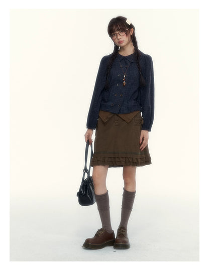 “Academy Melody” Navy Plaid & Dusty Purple Peter Pan Collar Cotton Shirt (Navy Plaid / Dusty Purple)