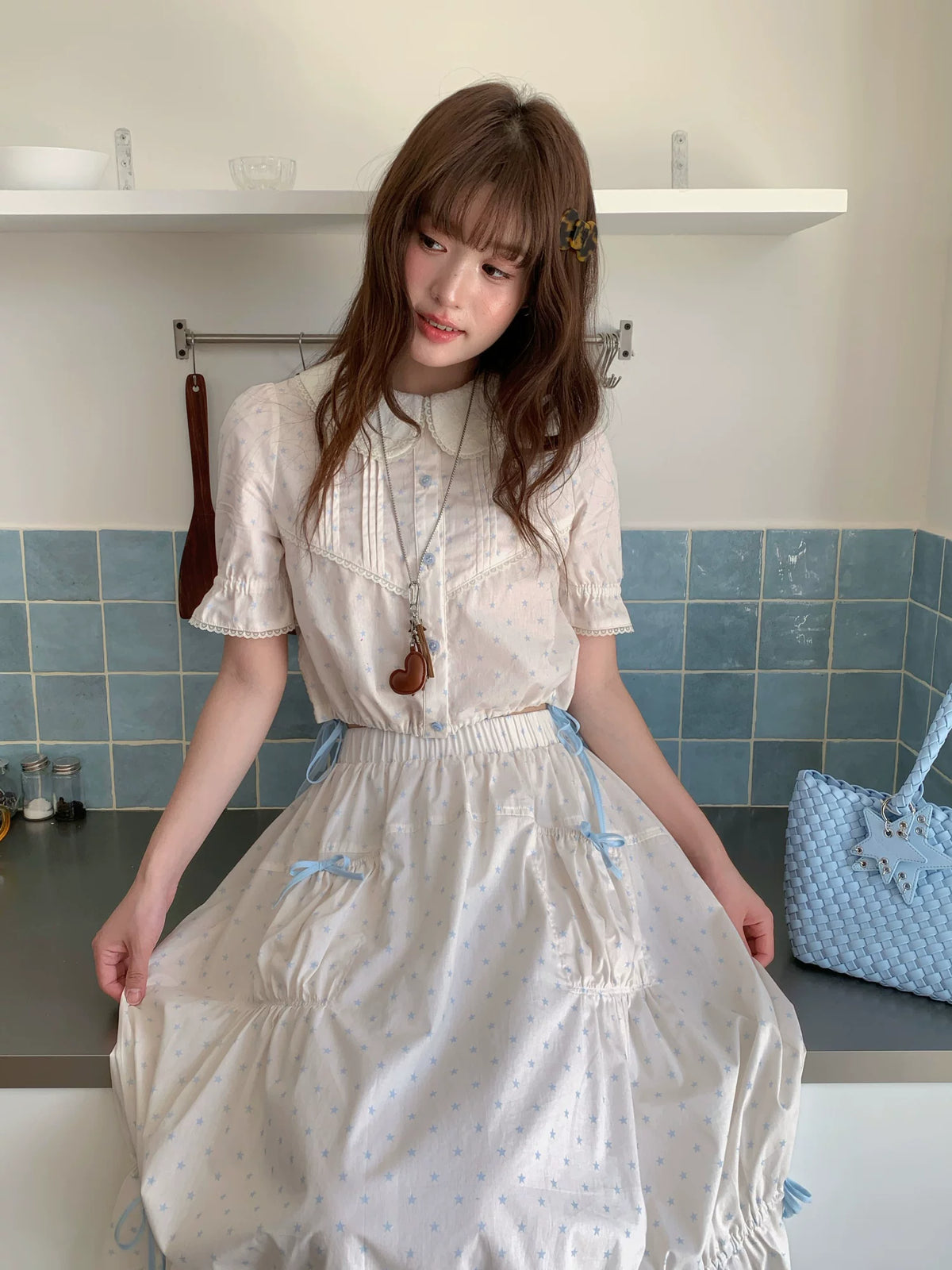 [RF] “Starlight Sea Salt” Cream White Ballet Bow Two-Piece Set
