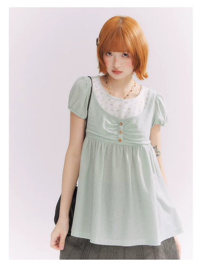 “Vintage Layered Charm” Mint Green Floral Layered Puff Sleeve T-Shirt