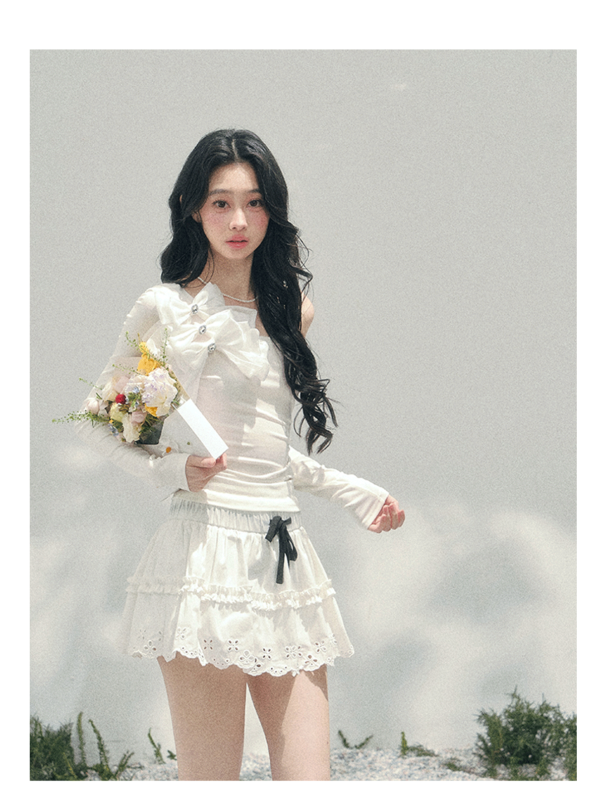少也眼 "Morning Mist Shoulder" Bow Off-Shoulder T-Shirt in Cloud White 52742574