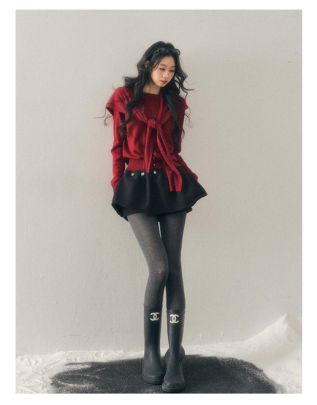 040126 "Orlane Academy" American Preppy Knit Top & Shawl Set - Angora Red