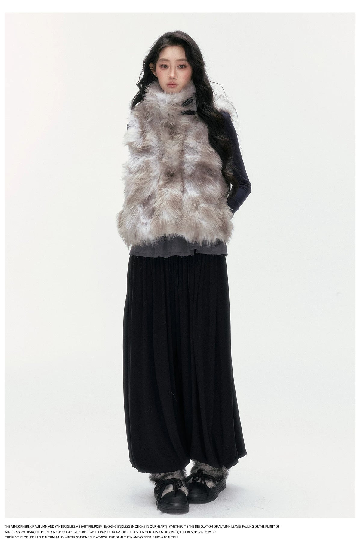 24olvides - Faux Fur Vest with Stand Collar and Toggle Closures (Creamy Leopard Print / Blue-Gray)
