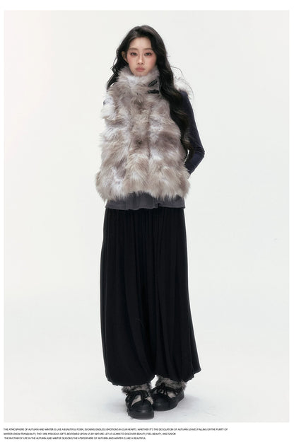 24olvides - Faux Fur Vest with Stand Collar and Toggle Closures (Creamy Leopard Print / Blue-Gray)
