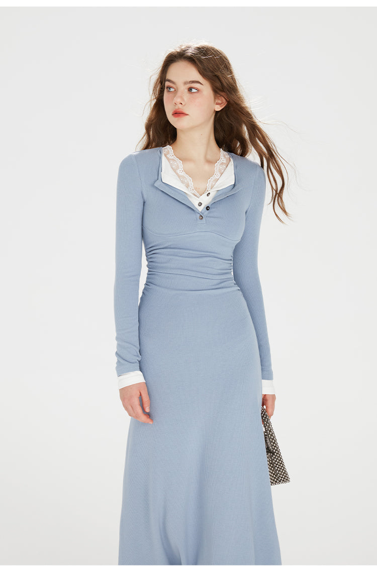 Frog Blue Stitching Lace Dress