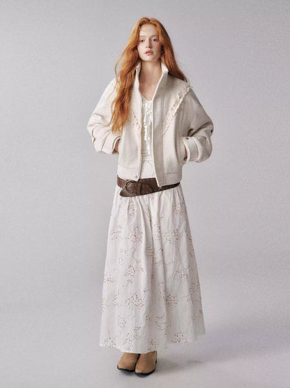 "云卷云舒" White Jacquard Short Jacket with Ruffle Collar
