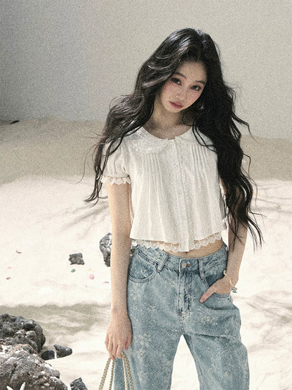 "Speechless Moonlight" Cloud White Lace Puff Sleeve Crop Top 74555