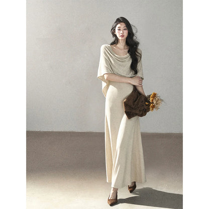 AOMALM - French-Inspired Two-Piece Maxi Dress Set with Layered Cape Overlay