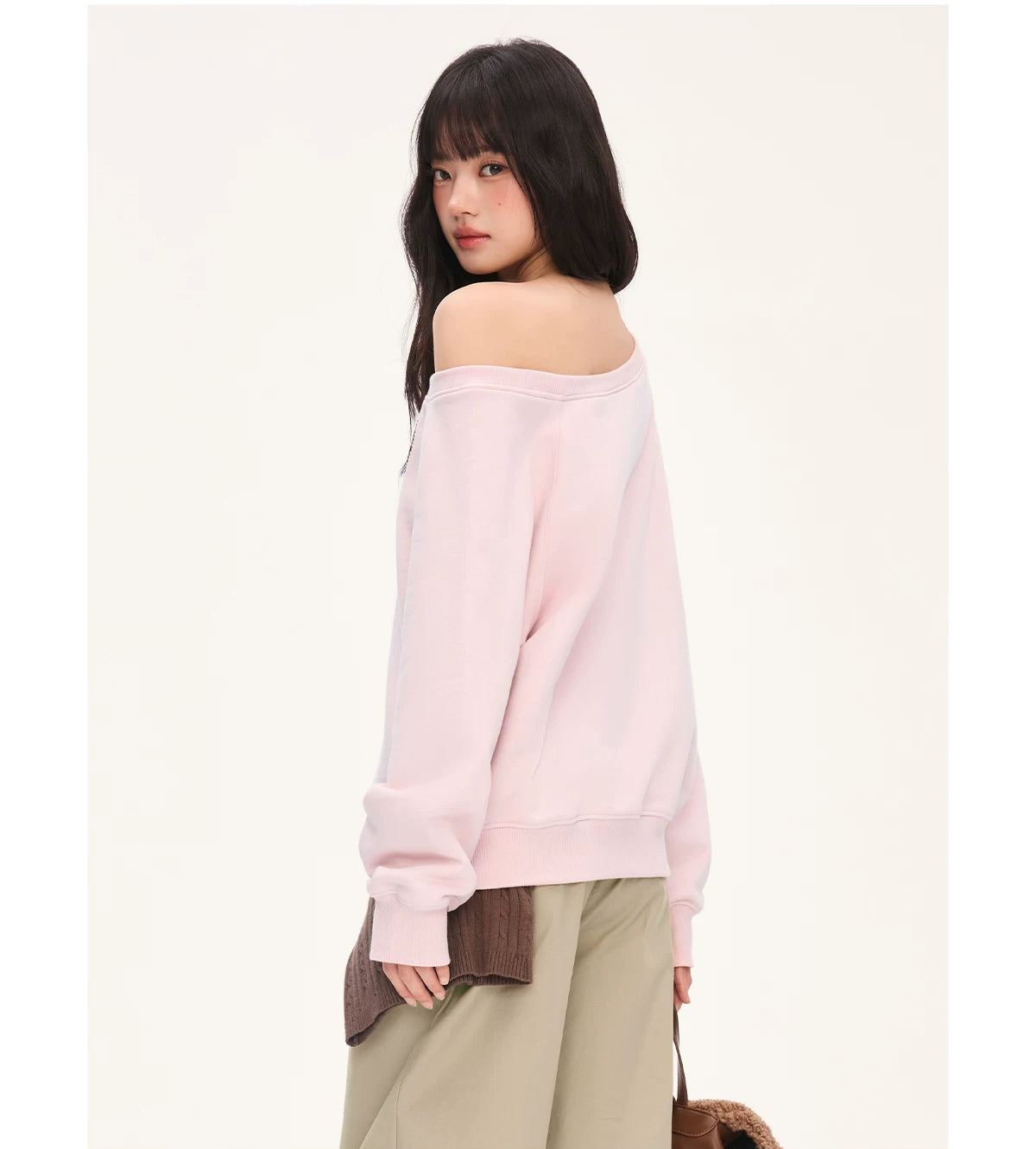 "Pink Panther Mood" Blush Pink Leopard Patch One-Shoulder Sweatshirt