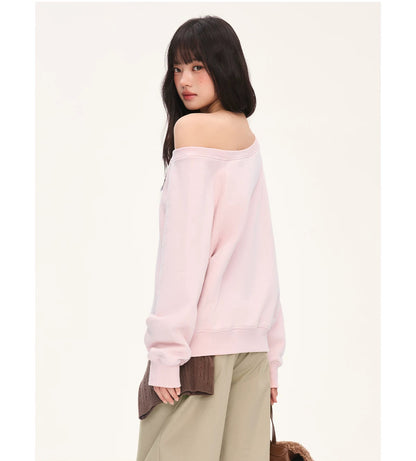"Pink Panther Mood" Blush Pink Leopard Patch One-Shoulder Sweatshirt