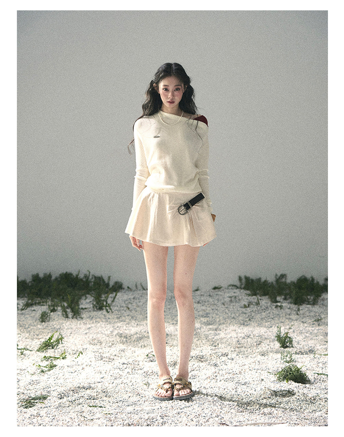 “Ashes of Yesterday” Moonstone White Off-Shoulder Layered Knit Top
