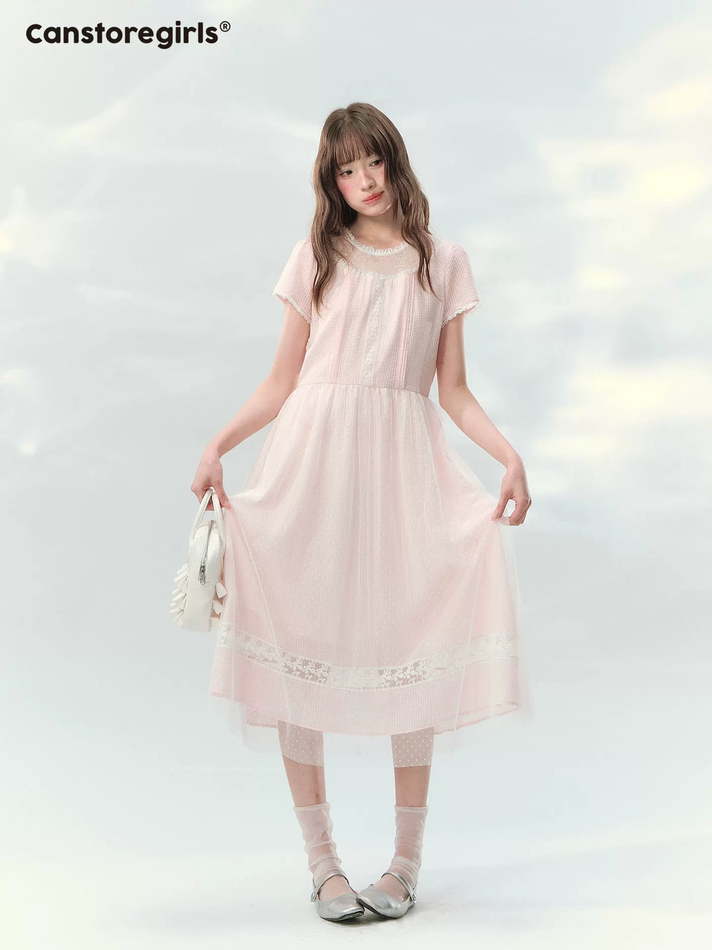 “Peach Bubble Romance” Pink Polka Dot Lace Midi Dress