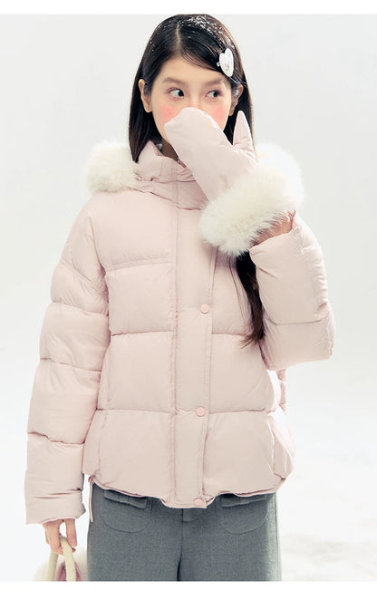 "Snowland Sprite" Peach Blush Lilac Hooded Down Jacket with Detachable Faux Fur Trim & Gloves