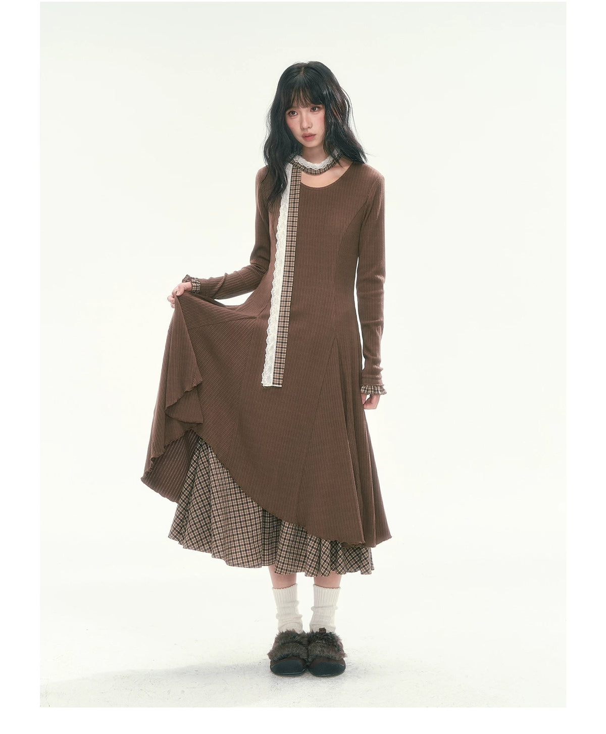 CAN - "Brownie Winterfield" Brown Plaid-Trim Ruched Knit Midi Dress