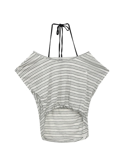 "Coastal Transit" Navy Striped Halter Off-Shoulder Top