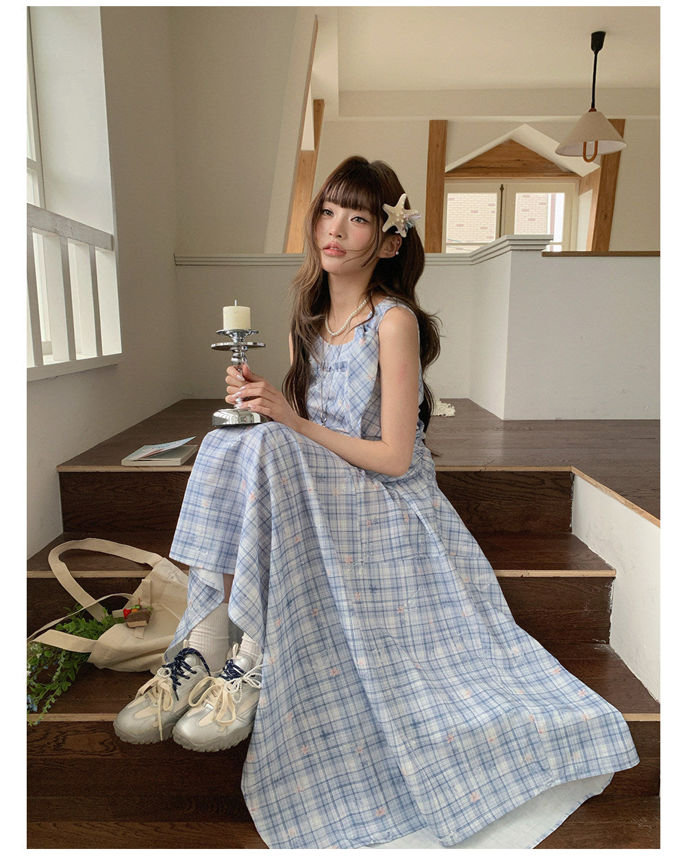 “Blue Meadow Reverie” Blue Plaid Floral Maxi Dress