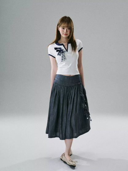 LOST FOREST - Blue & White Bow-Detail V-Neck Fitted T-Shirt