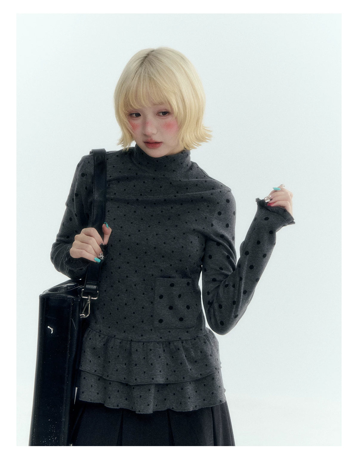 Horridale - Dark Gray Polka Dot Mock Neck Layering Top with Ruffle Hem