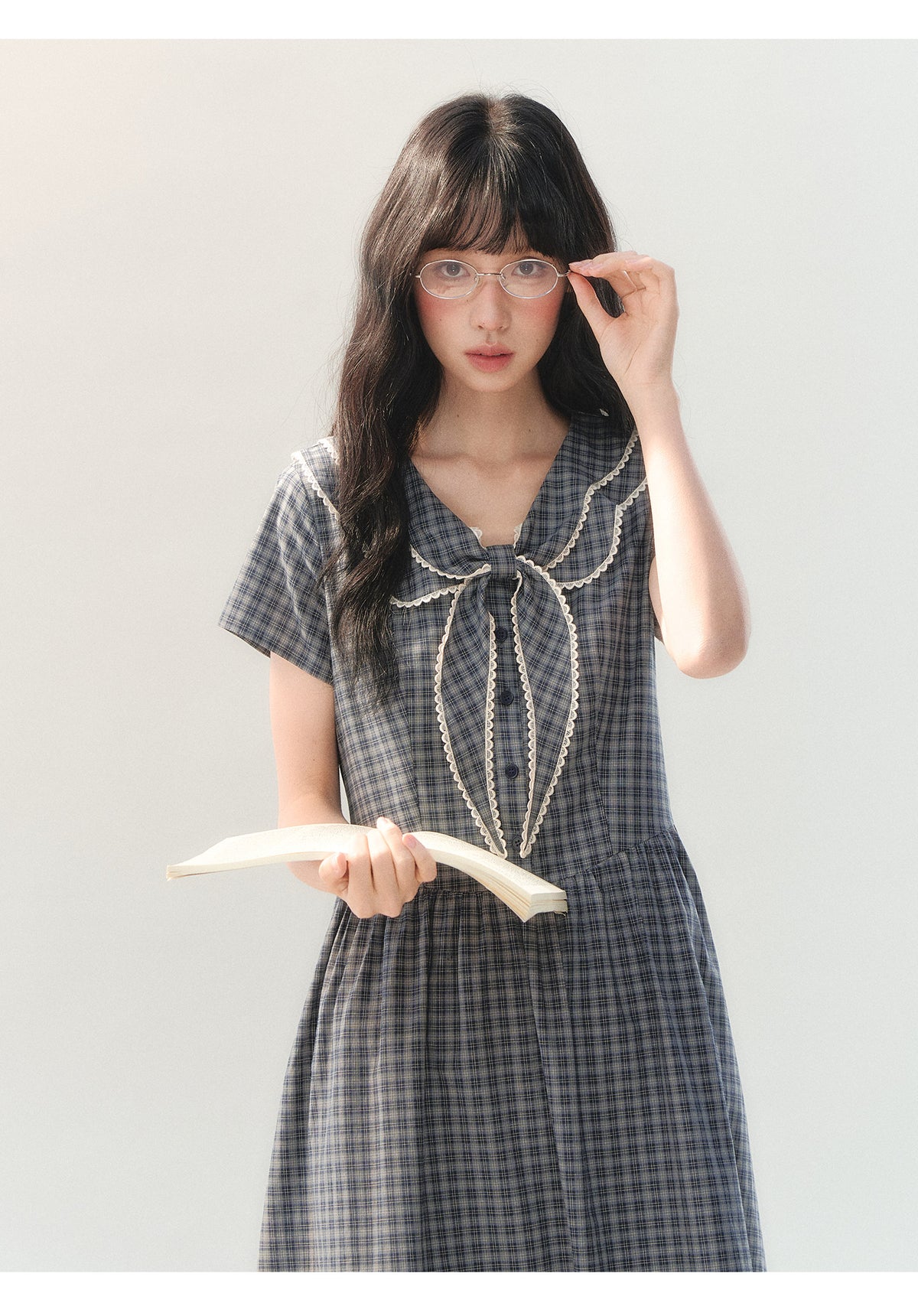 [CAN] "Firwood Plaid Tale" Blue Gray Plaid Lace Doll Collar Dress
