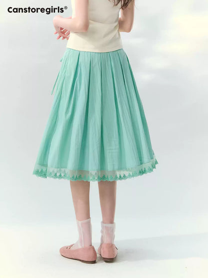 “Mint Waltz” Mint Green Lace Trim Pleated Midi Skirt