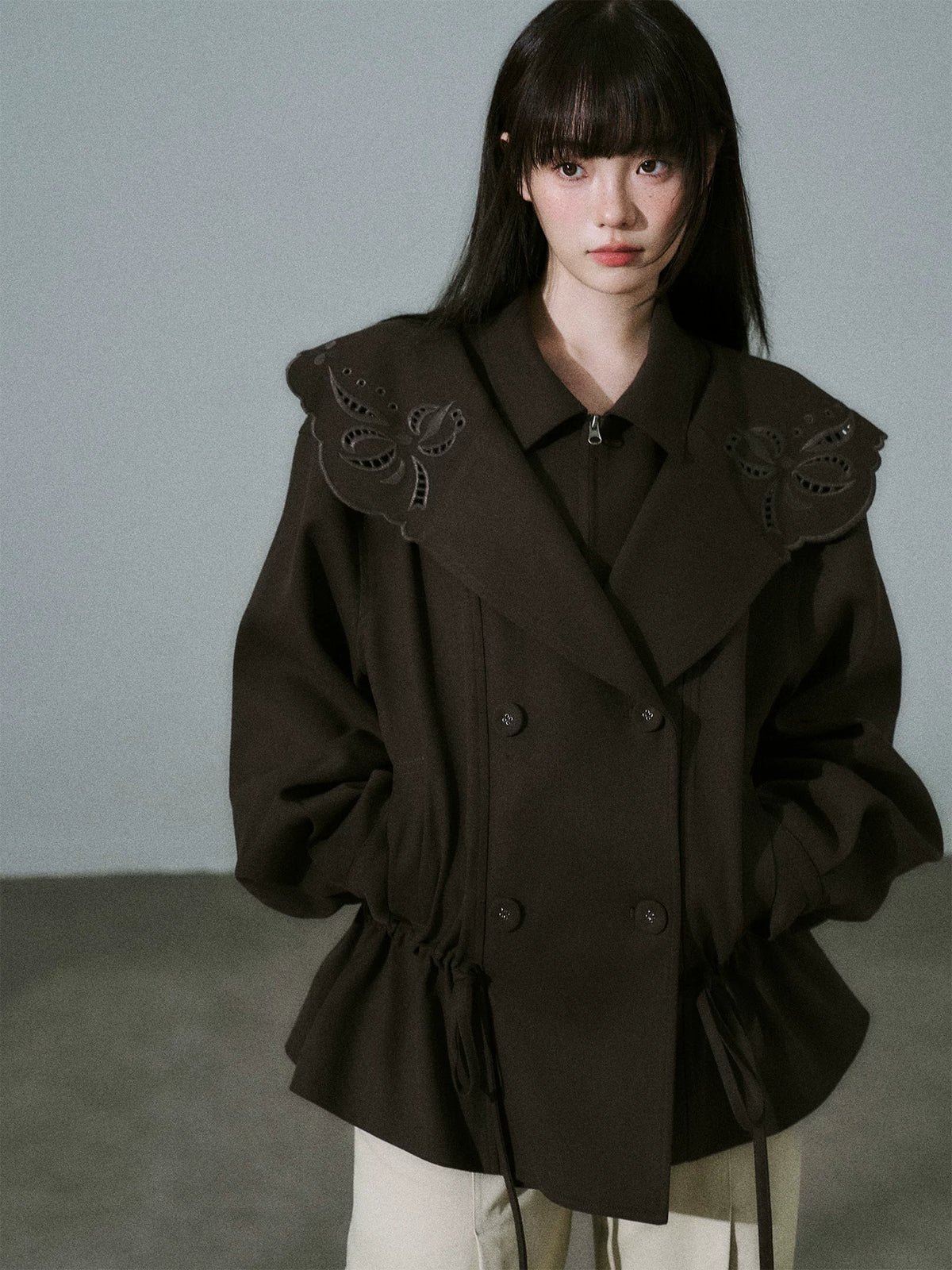 LOST FOREST - Deep Brown Embroidered Collar Lyocell-Wool Jacket