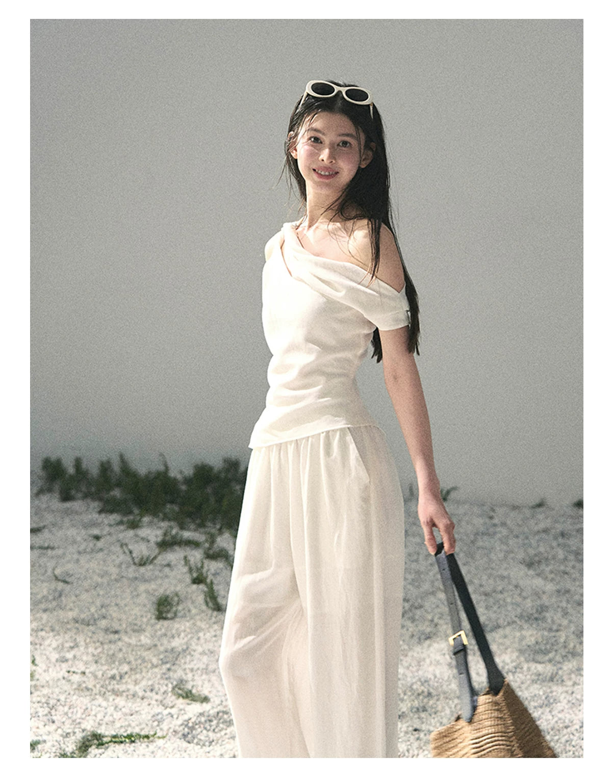 “Cloud Threads Falling at the Shoulder” Ivory Linen-Blend Two-Piece Set