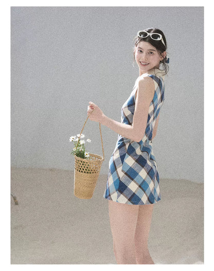 "Sunset by the Shore" Vintage Blue Plaid Polo Mini Dress 358648564