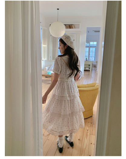 “Peach Mist Daydream” Ivory Polka Floral Cake Dress