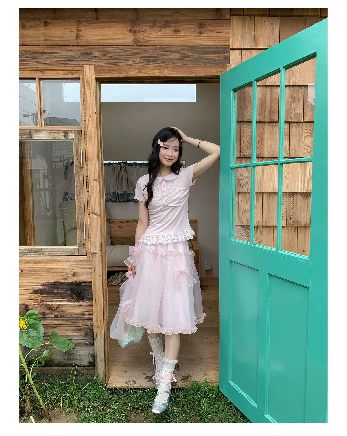 [RF] “Peach Petal Reverie” Peach Pink Doll Collar Top & Tulle Skirt Set
