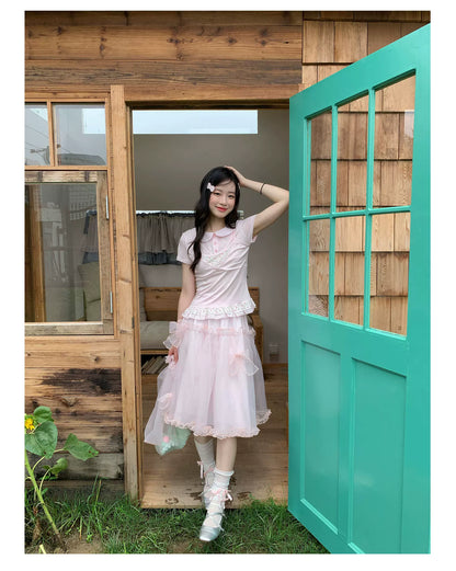 [RF] “Peach Petal Reverie” Peach Pink Doll Collar Top & Tulle Skirt Set