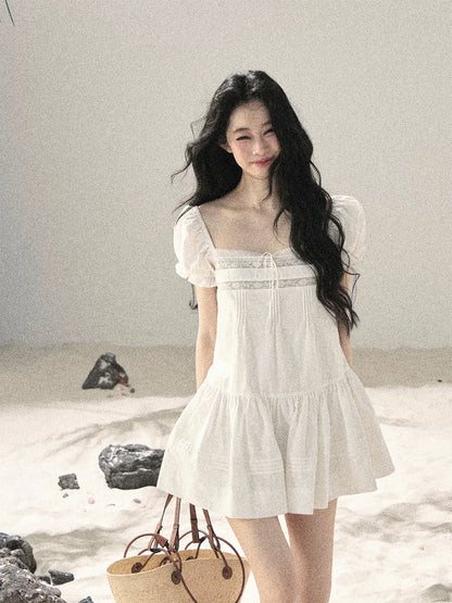 "Light as a Cloud" Frost White Puff Sleeve Lace Babydoll Mini Dress