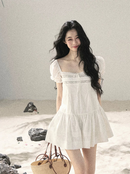 "Light as a Cloud" Frost White Puff Sleeve Lace Babydoll Mini Dress