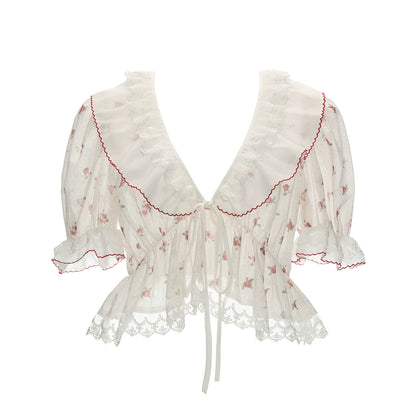 Polka Floral Ruffle Tie Puff Sleeve Top
