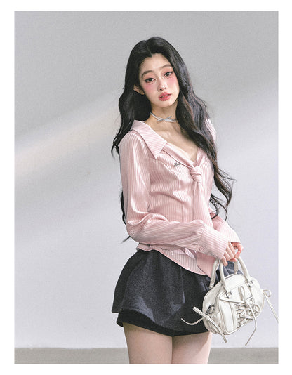 少也眼 “Pinkbud Academy” French Preppy Striped Polo Blouse