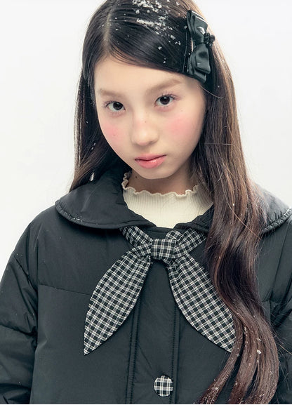 "Starry Night Little Witch" Black Long Down Coat with Detachable Bunny Bow Collar