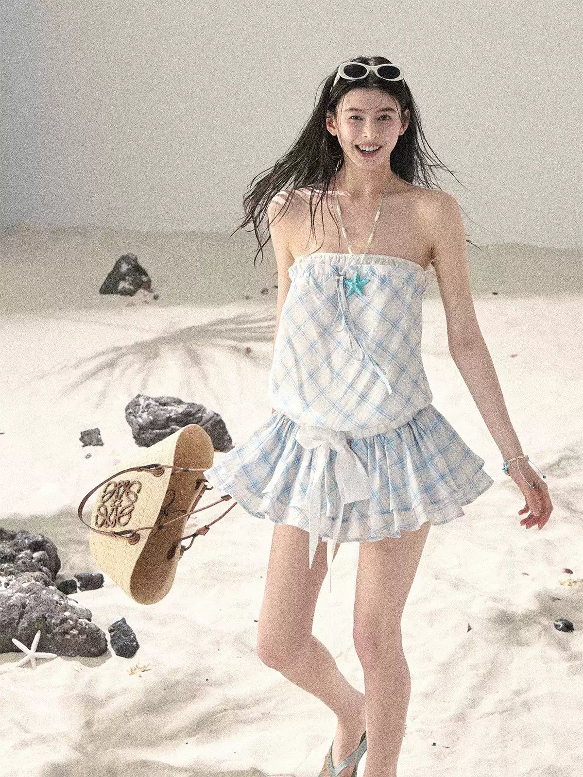 "Breeze Upon the Waves" Ice Crystal Blue Off-Shoulder Diamond Quilted Mini Dress