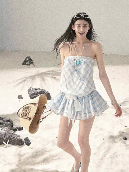 "Breeze Upon the Waves" Ice Crystal Blue Off-Shoulder Diamond Quilted Mini Dress