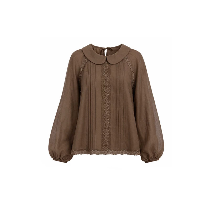 DAILY ARTIST - Tea Brown Vintage Lace Doll-Collar Blouse