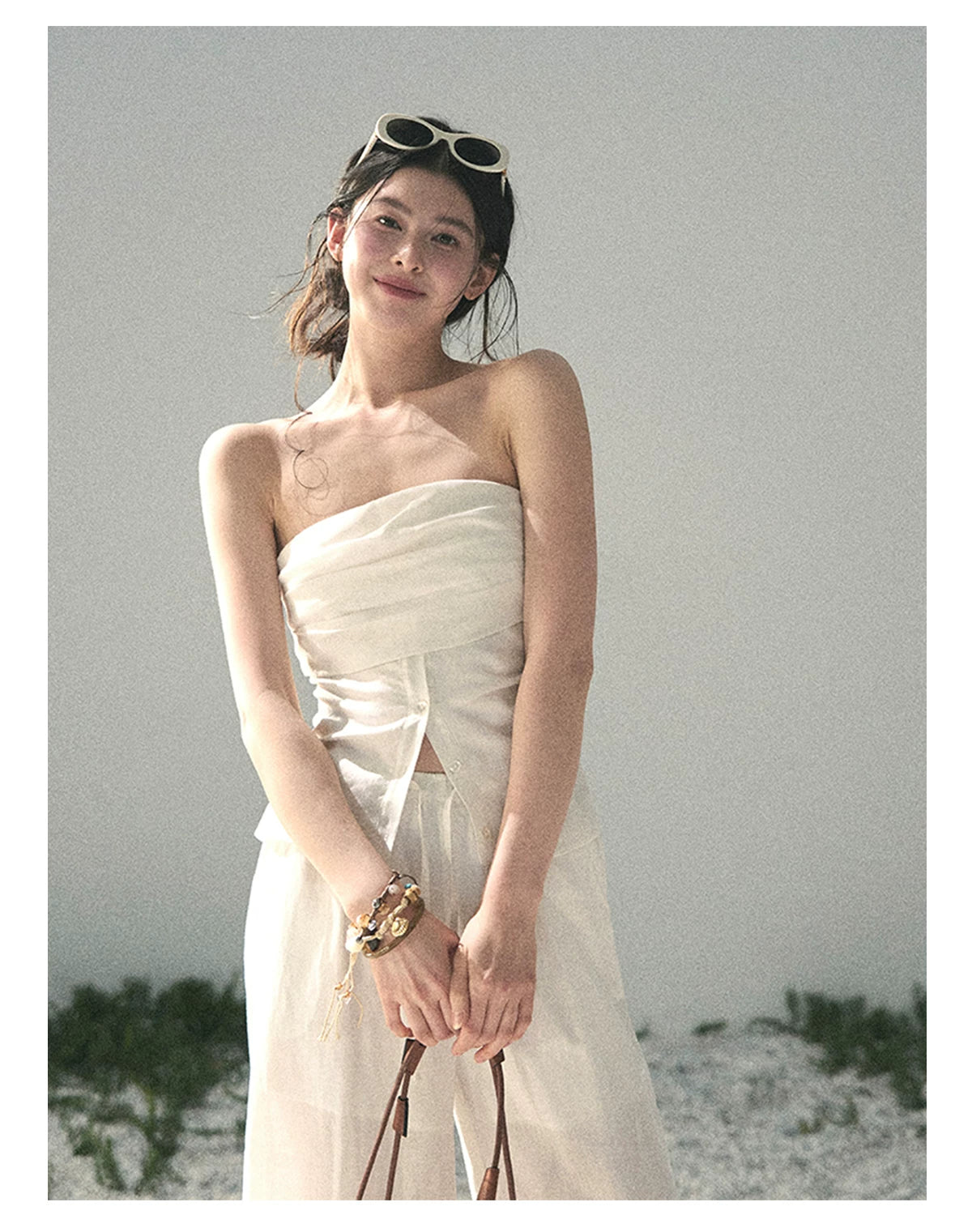 “Breath Across the Shoulders” Natural Beige Layered Bustier Top & Wide-Leg Trousers
