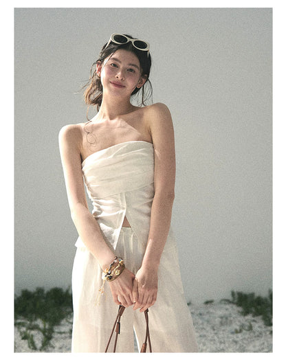 “Breath Across the Shoulders” Natural Beige Layered Bustier Top & Wide-Leg Trousers