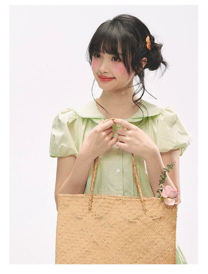 "Mint Forest" Mint Green Double Collar Tiered A-Line Midi Dress