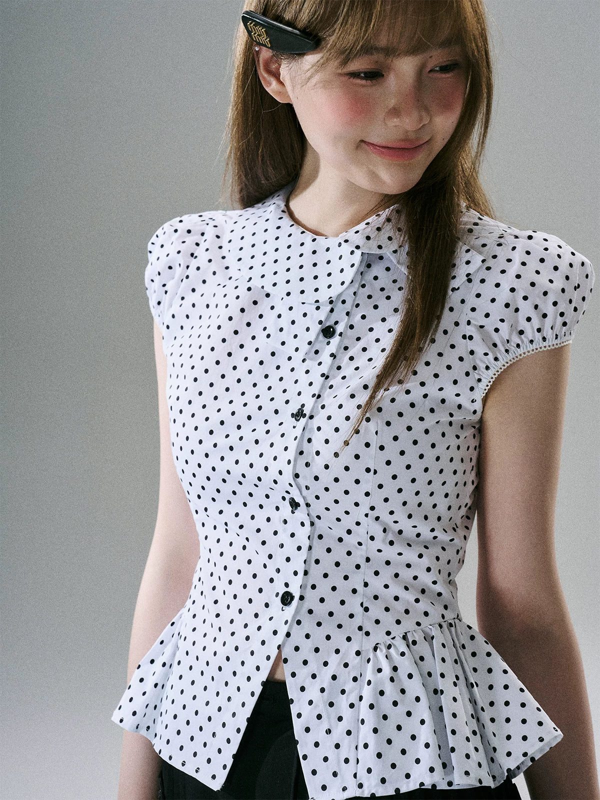 LOST FOREST - White & Black Polka Dot Asymmetrical Cotton Blouse