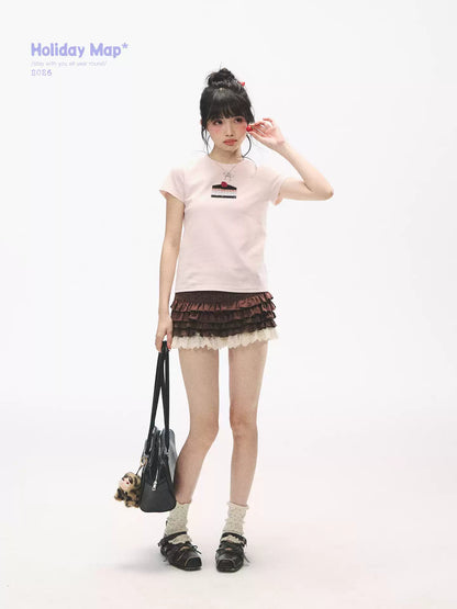 "Strawberry Shortcake Mood" Peach Pink Patchwork Cake Graphic Cotton Tee