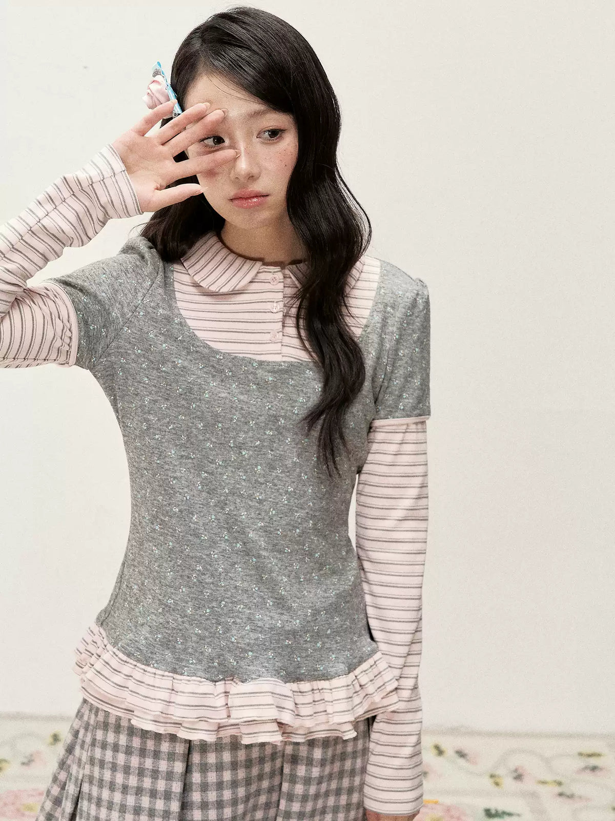 [RF] Floral Gray Pink Faux Two-Piece Striped Layered Blouse with Peter Pan Collar