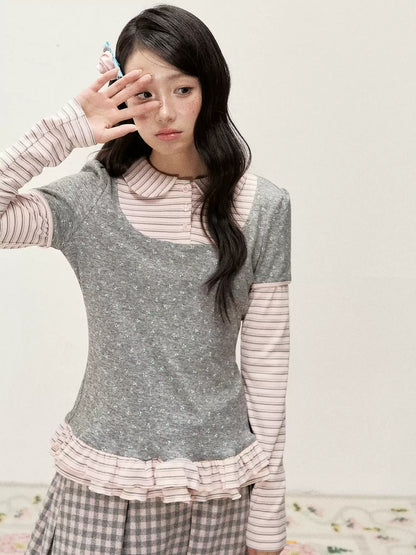 [RF] Floral Gray Pink Faux Two-Piece Striped Layered Blouse with Peter Pan Collar
