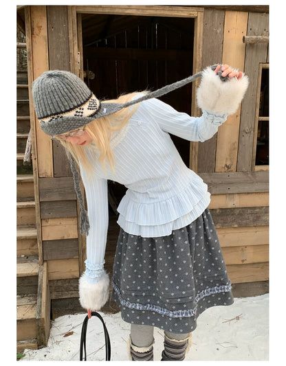RF - Gray Floral Pinafore Top and Plaid Ruffle Skirt Set