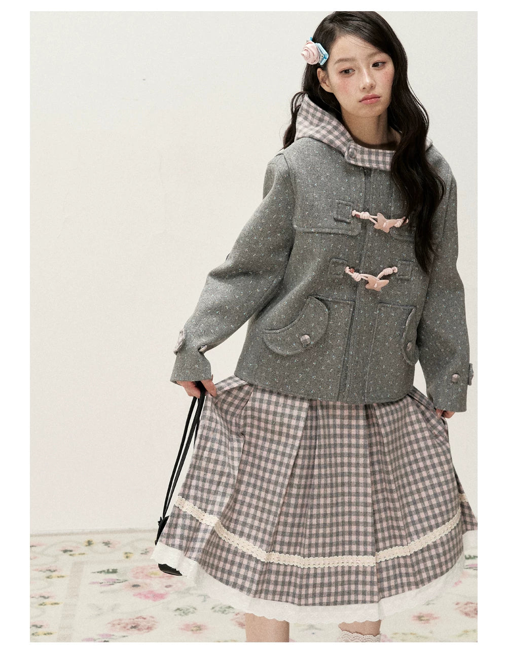 [RF] Floral Heather Gray Pink Plaid-Trim Hooded Duffle Coat